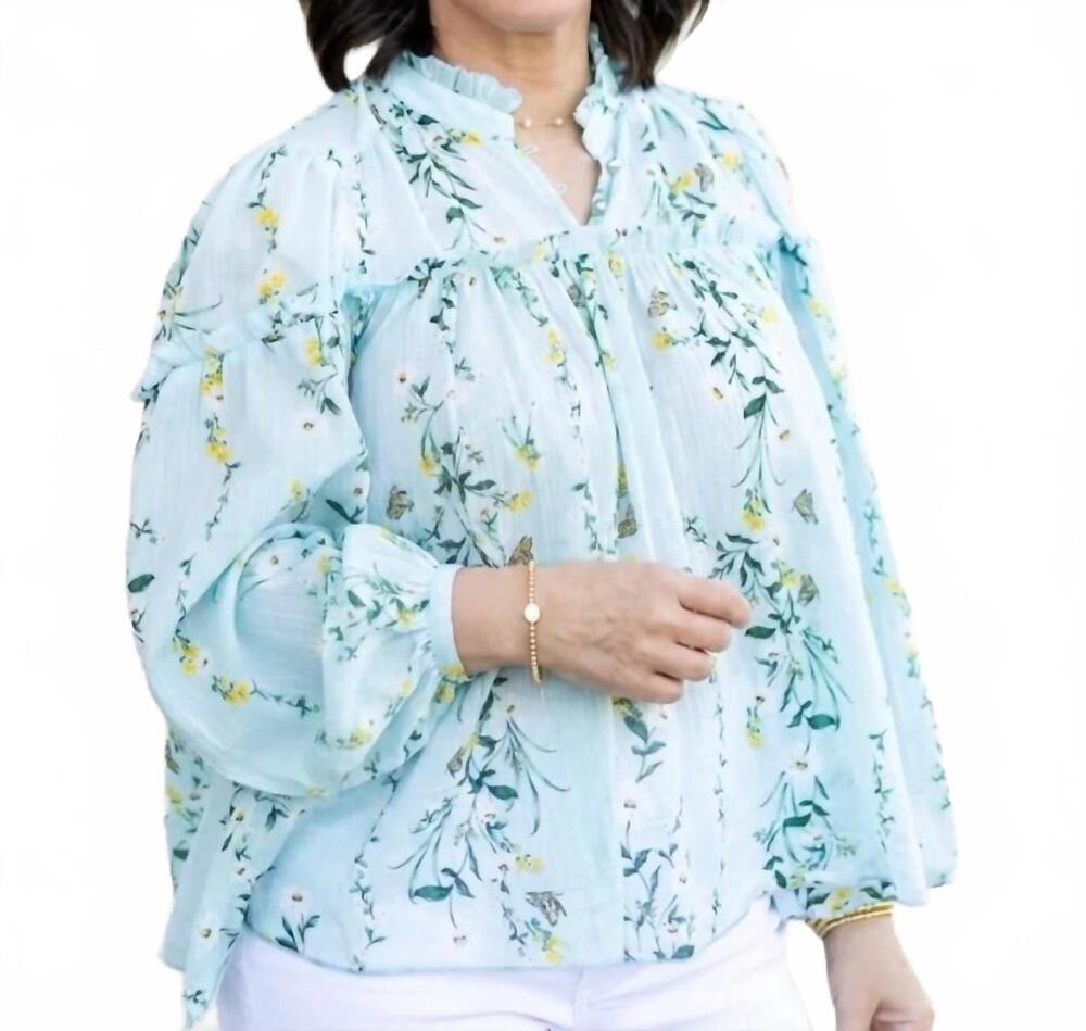 NEW OLIVACEOUS women's sarai floral ruffle neck balloon sleeve top in blue